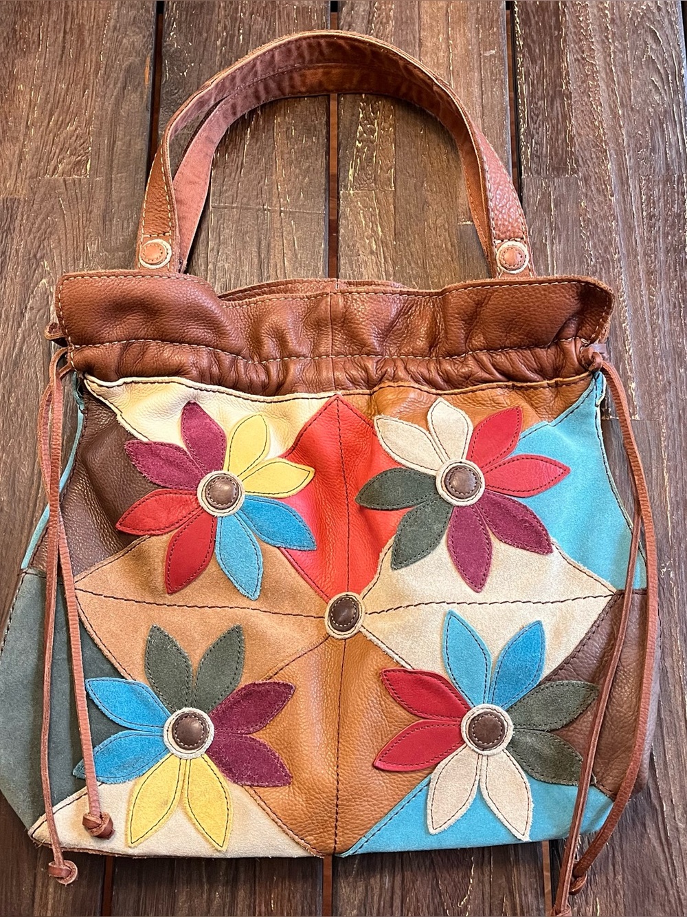 Vintage Lucky Brand Colorful Floral  Boho Patchwork Suede Leather Hobo Bag